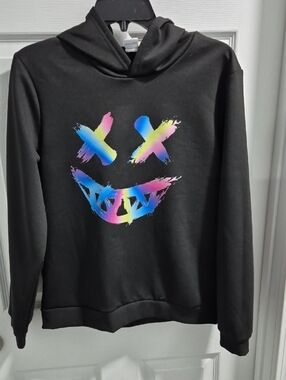 Kids Black Hoodie with Neon Smiley Graphic